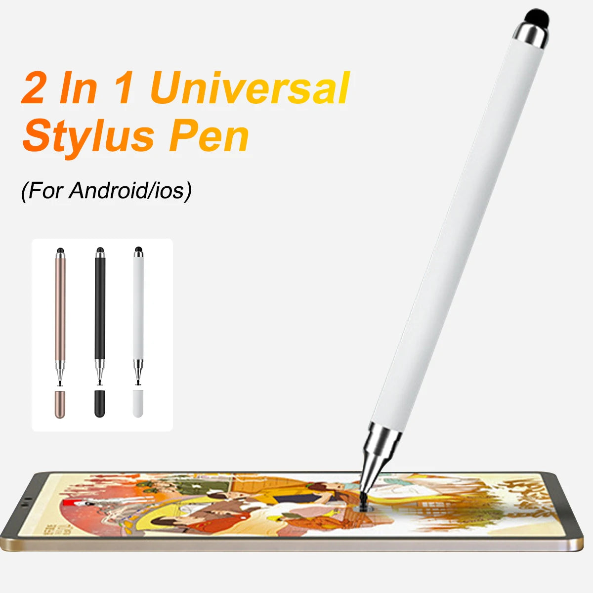 Un lápiz stylus universal blanco de 2 en 1 escribiendo en la pantalla de una tableta Android o iOS.