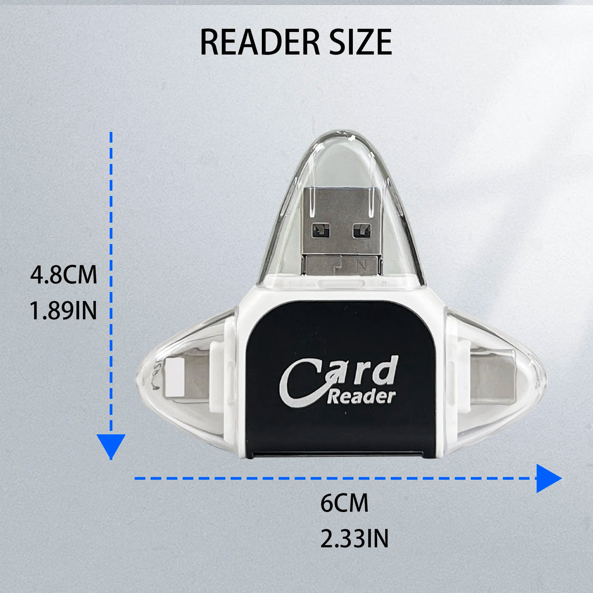 Diagram showing the size of a card reader, with dimensions of 4.8cm (1.89in) in height and 6cm (2.33in) in width.