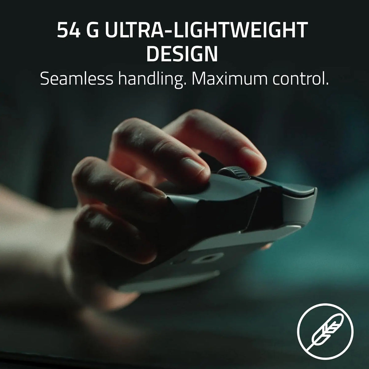 A hand is holding a black wireless gaming mouse, demonstrating its ultra-lightweight design.