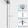 A silver extendable selfie stick with a smartphone mount, LED light, and storage tripod features.