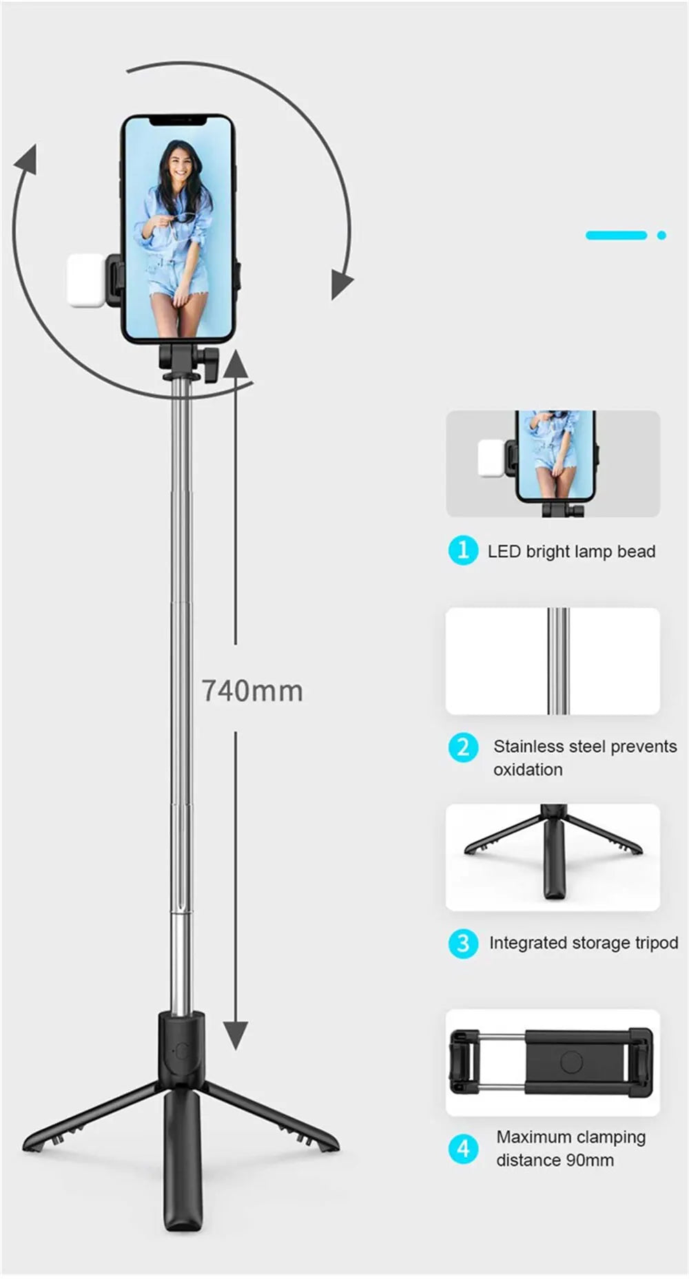 A silver extendable selfie stick with a smartphone mount, LED light, and storage tripod features.