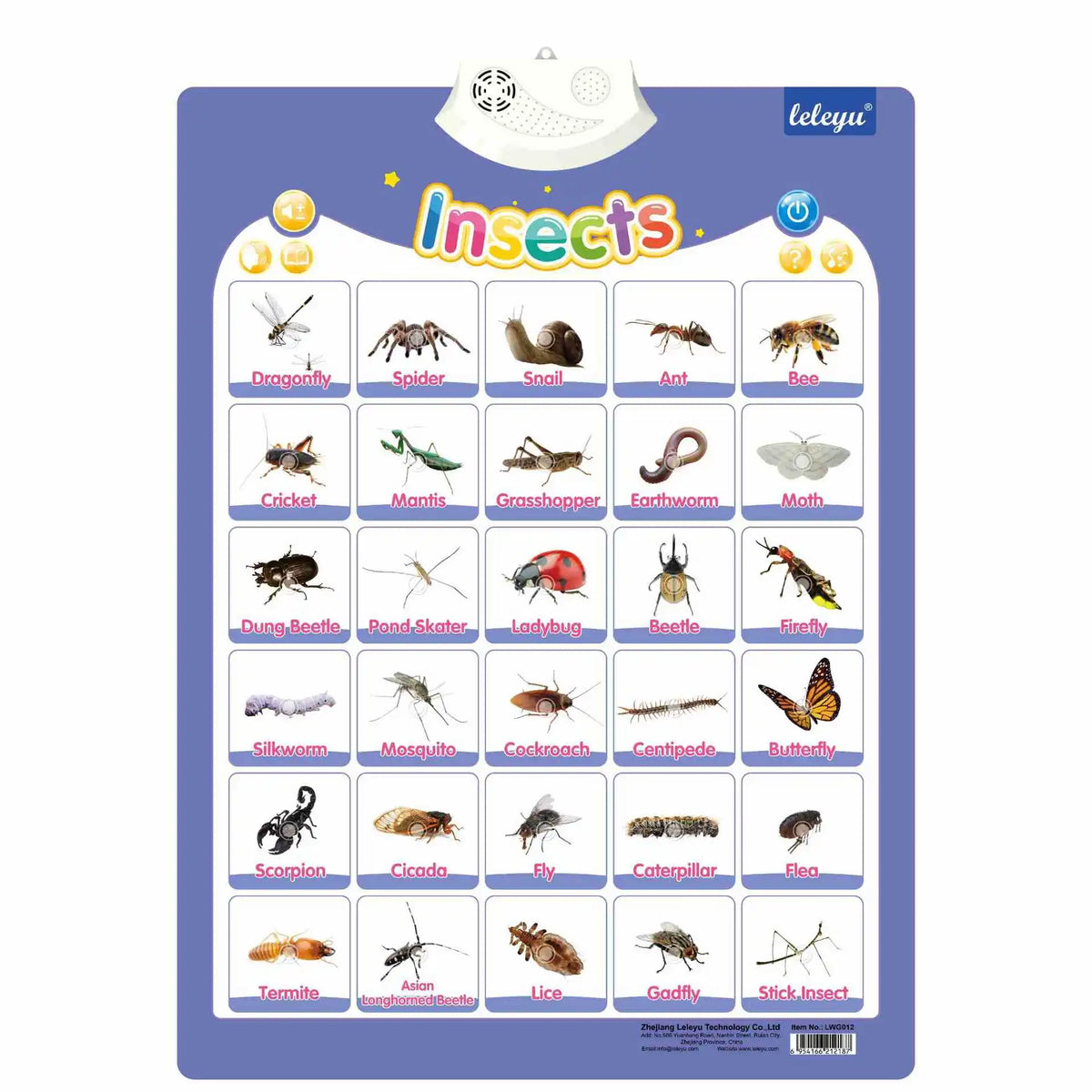 An interactive alphabet learning poster featuring various insects and animals for educational purposes.