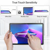 A hand is applying a tempered glass screen protector to a Lenovo tablet, demonstrating true touch sensitivity and ease of ins