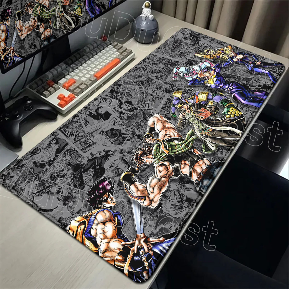 An anime-inspired XXL gaming mouse pad featuring detailed artwork of fighting characters and a non-slip rubber base.