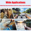 A montage showing a mobile phone chest strap mount used in various activities like horseback riding, cycling, and fishing.