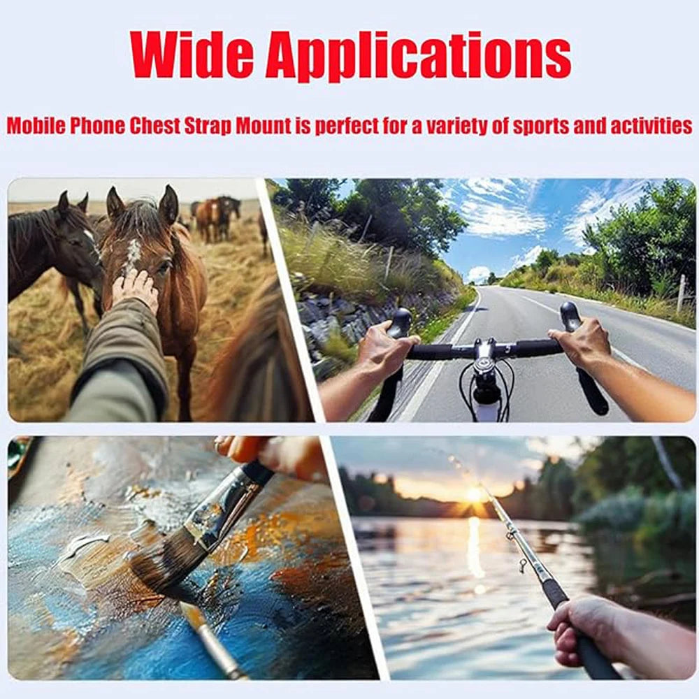A montage showing a mobile phone chest strap mount used in various activities like horseback riding, cycling, and fishing.