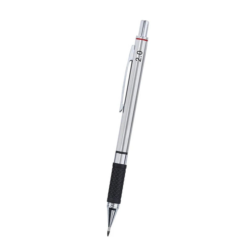 Silver metal mechanical pencil with a black grip and a 2.0 lead core.