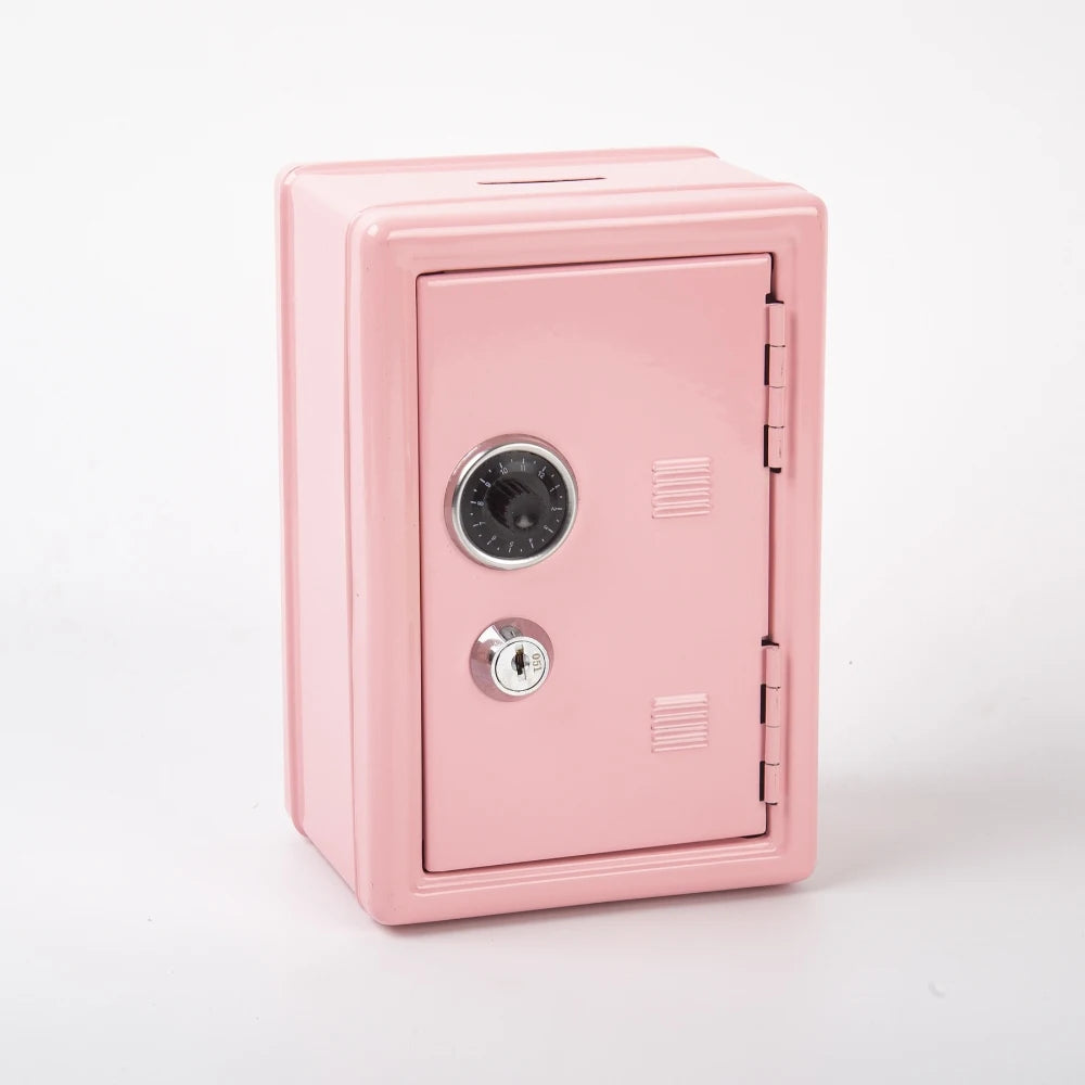 A pink compact home safe box with a combo lock and keys.