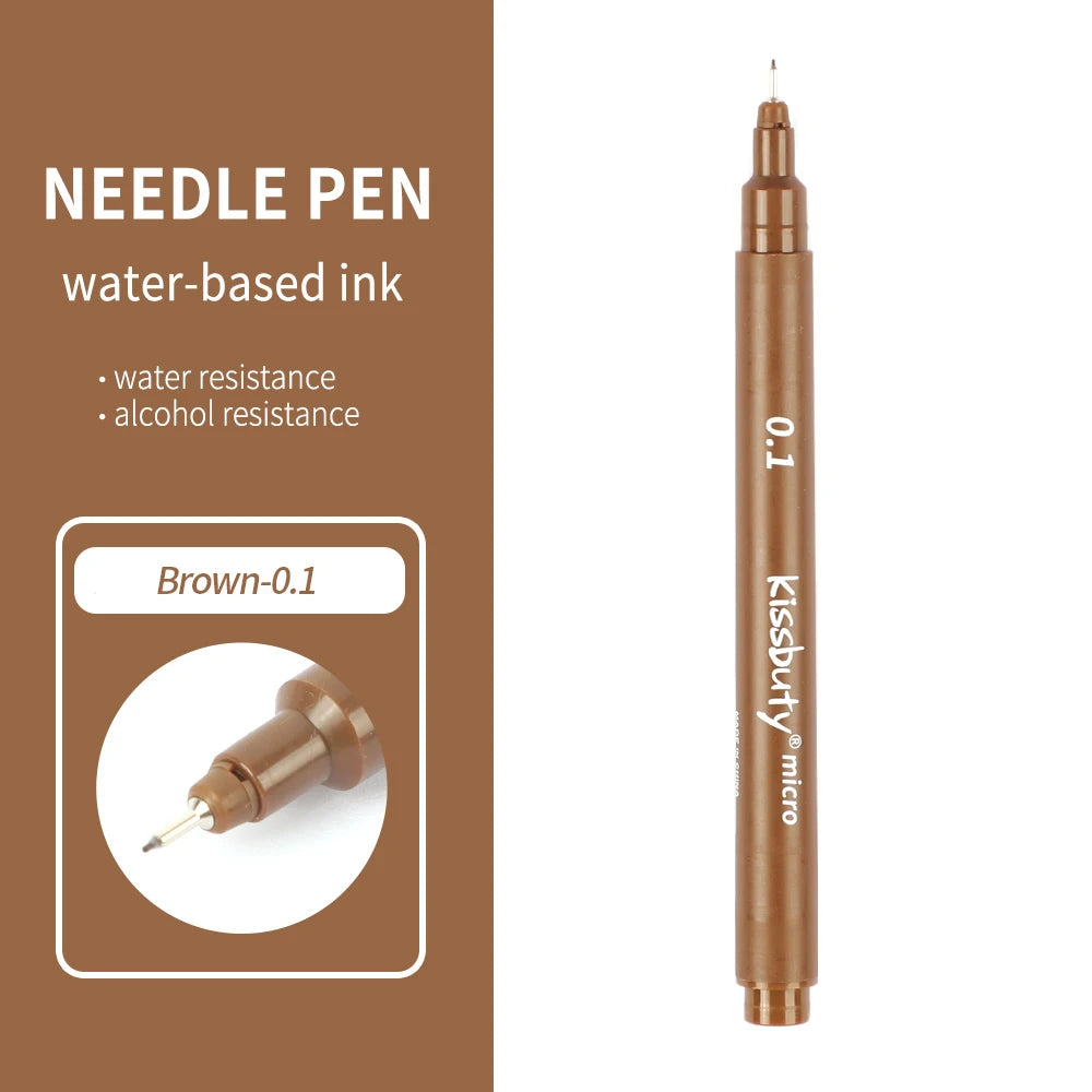 A brown needle pen with a gold tip, showing the ink level 0.1.