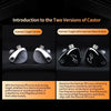 Two versions of Castor earphones shown side by side, highlighting the Harman Target and Improved Bass versions.