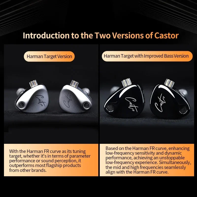 Two versions of Castor earphones shown side by side, highlighting the Harman Target and Improved Bass versions.