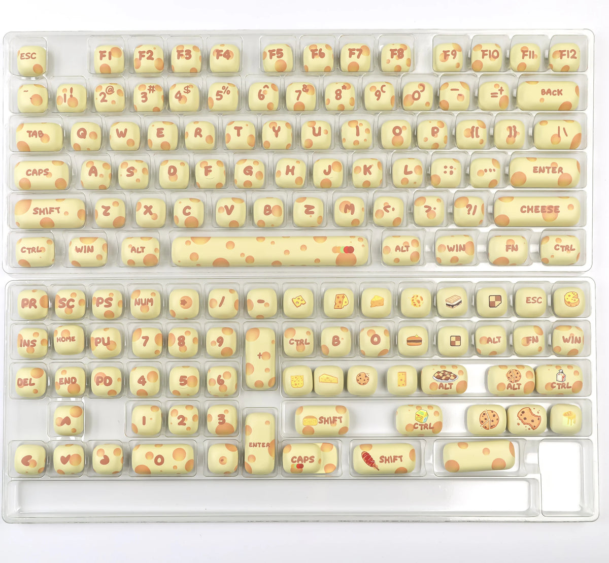 A clear plastic case containing a colorful PBT keycaps set for mechanical keyboards.