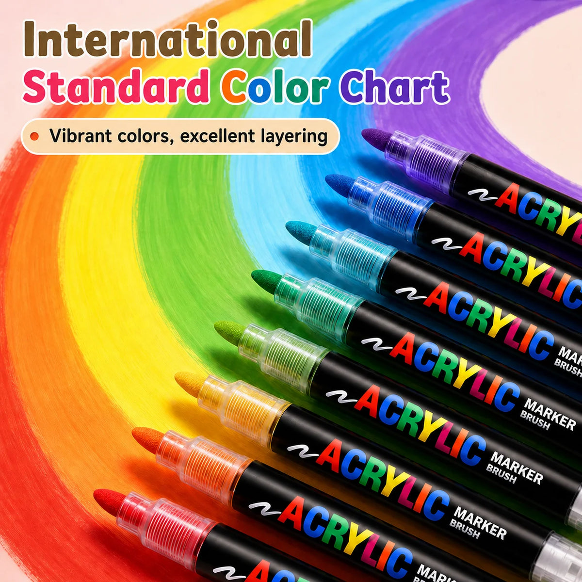 A colorful chart showing various acrylic paint markers and brushes arranged in a rainbow pattern.