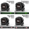 Black self-locking fluorescent steel tape measure 5 meters shown in various configurations and dimensions.