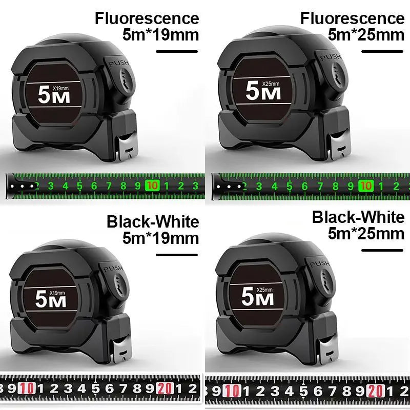 Black self-locking fluorescent steel tape measure 5 meters shown in various configurations and dimensions.