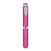 A pink reusable injection pen with a silver cartridge and a gray cap.