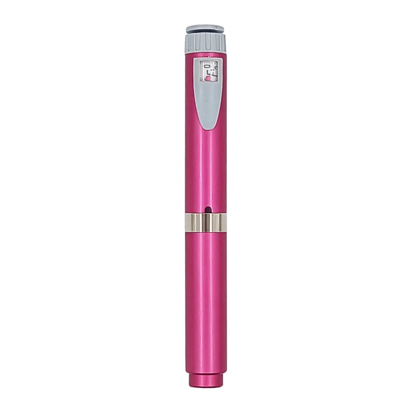 A pink reusable injection pen with a silver cartridge and a gray cap.