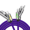 A silver fast charging cable with rotating connectors is shown coiled in purple.