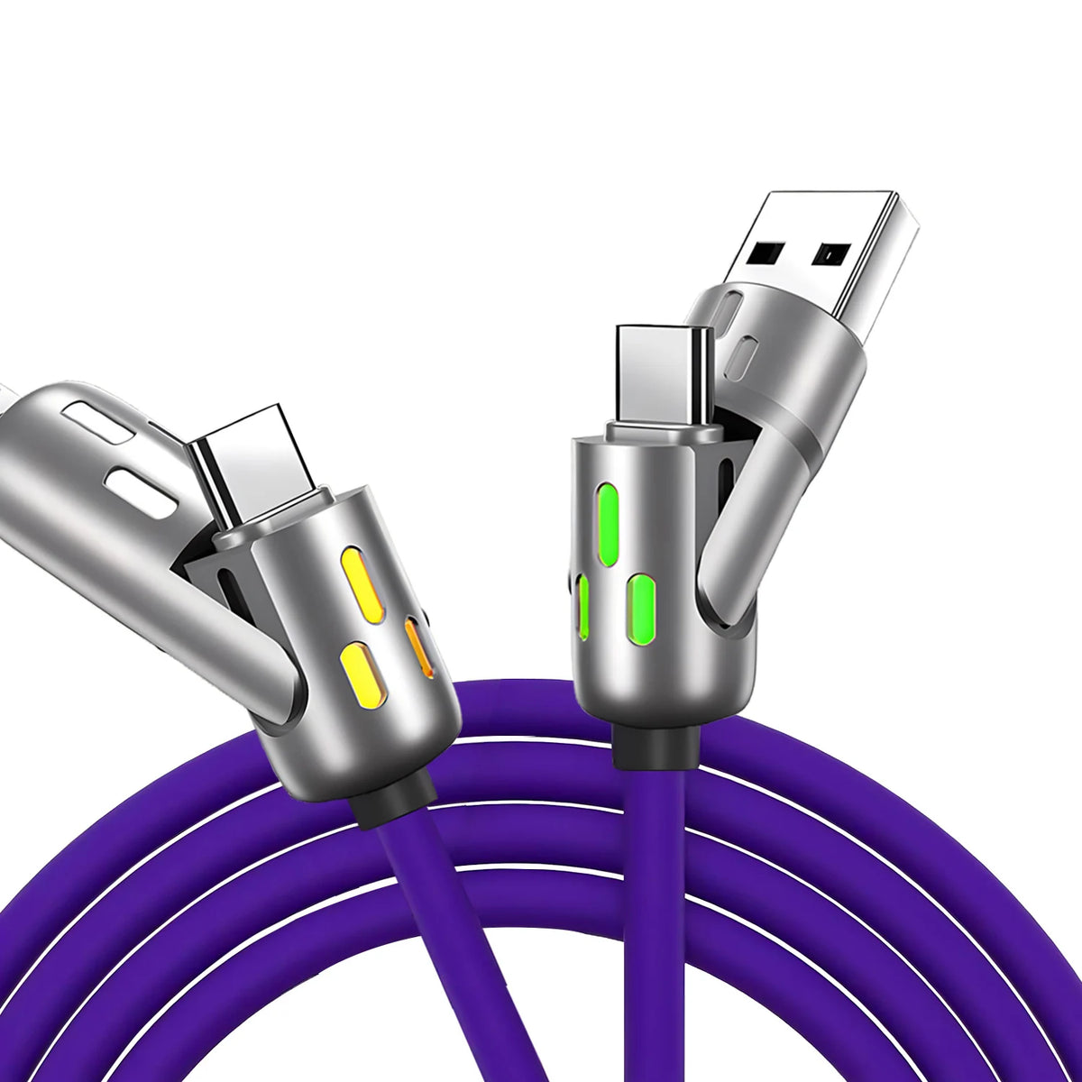 A silver fast charging cable with rotating connectors is shown coiled in purple.