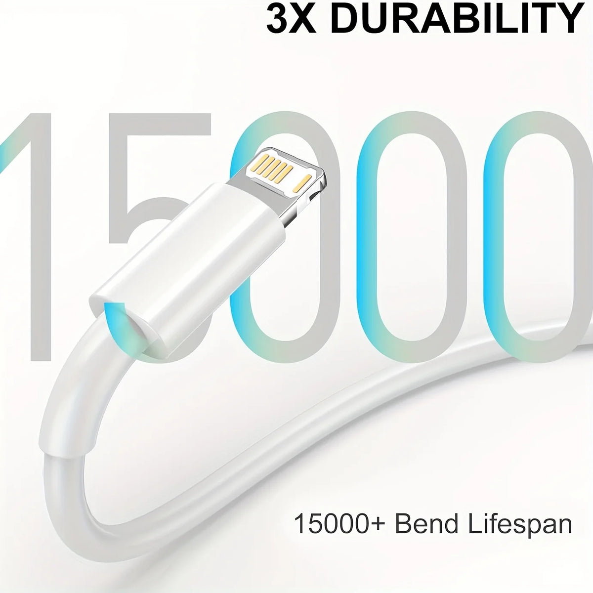 White USB-C fast charge cable with a connector and flexible bend lifespan information
