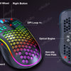 Honeycomb RGB gaming mouse shown from above and side, highlighting buttons and optical engine.