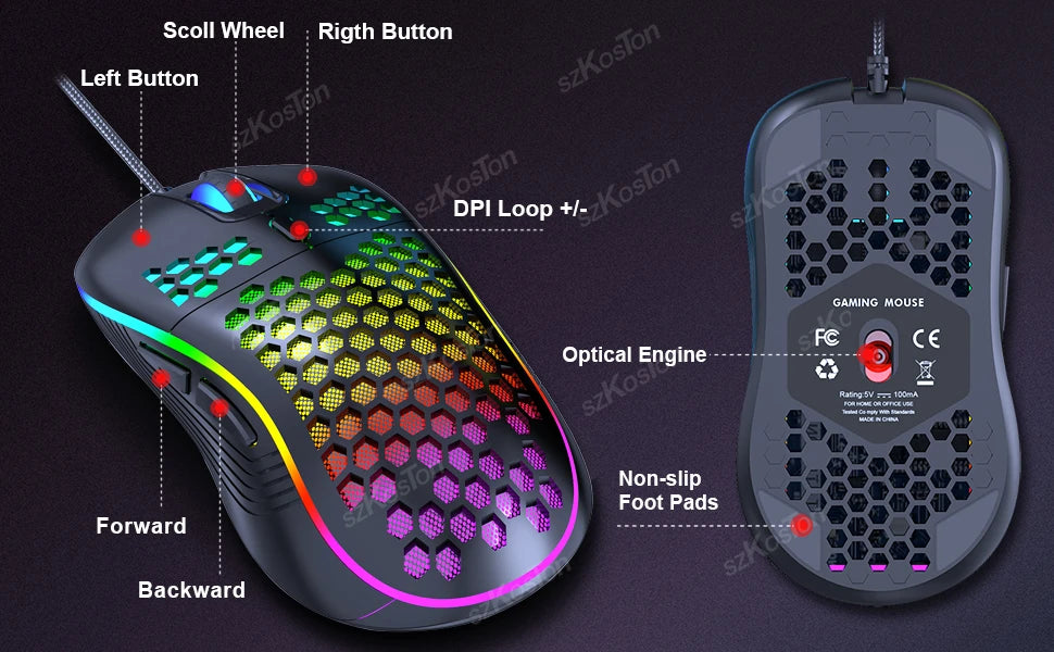 Honeycomb RGB gaming mouse shown from above and side, highlighting buttons and optical engine.
