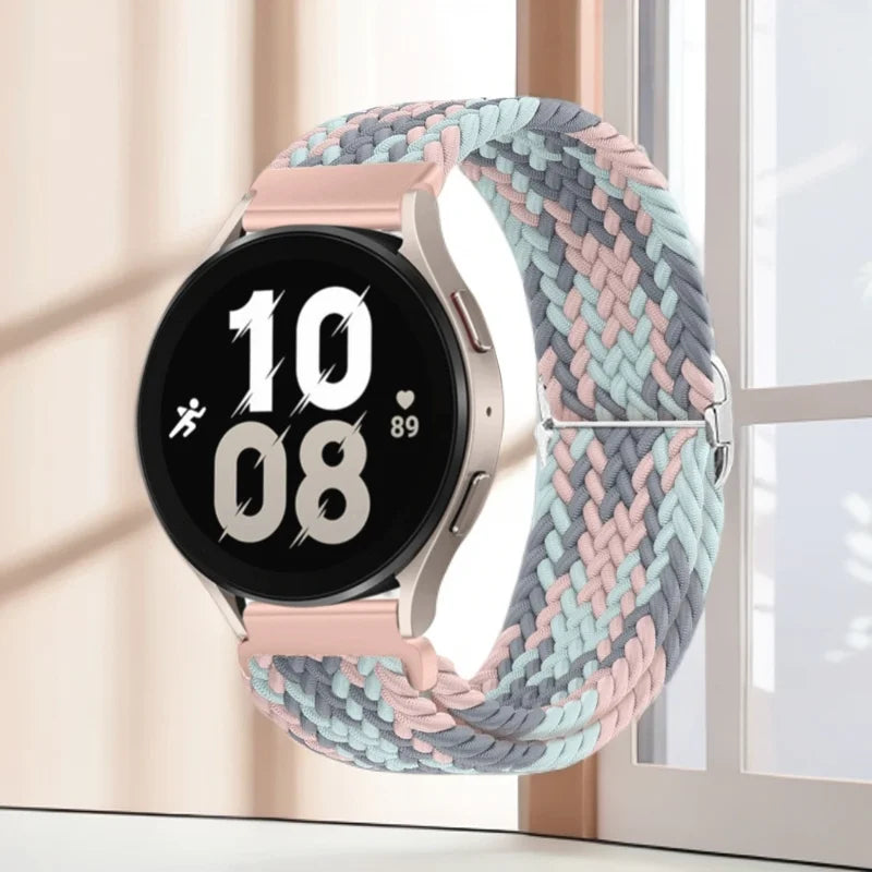 A pink nylon watch strap with a woven texture is shown on a smartwatch, displaying the time 10:08.