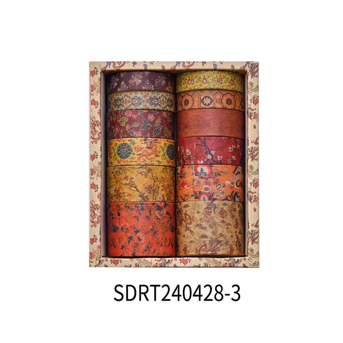 A box containing several rolls of vintage floral patterned washi tape in various earthy and warm tones.