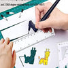 A hand uses a drafting triangle protractor ruler set and a 360-degree rotating blade for art cutting.