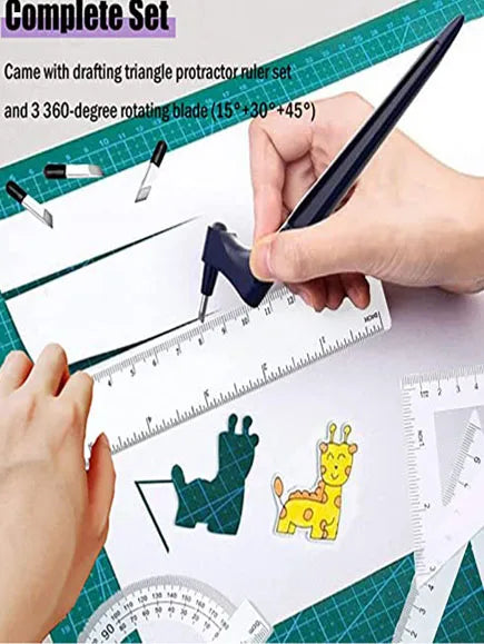 A hand uses a drafting triangle protractor ruler set and a 360-degree rotating blade for art cutting.