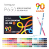 A box of Lanquo Acrylic Painting Gel Pen Plus featuring 90 colors, with various colored pens displayed next to it.