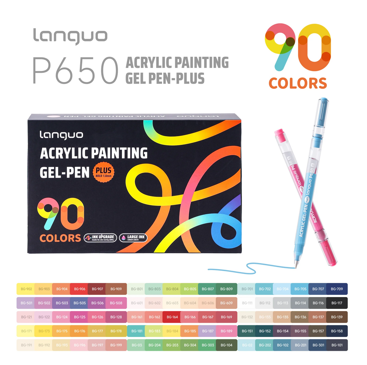 A box of Lanquo Acrylic Painting Gel Pen Plus featuring 90 colors, with various colored pens displayed next to it.