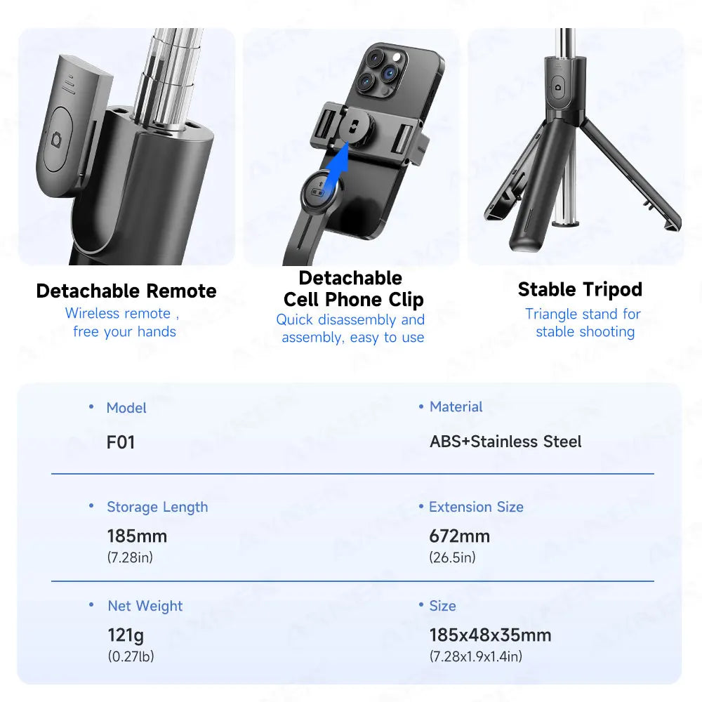 A black versatile selfie stick tripod featuring a detachable remote and stable grip for photography.