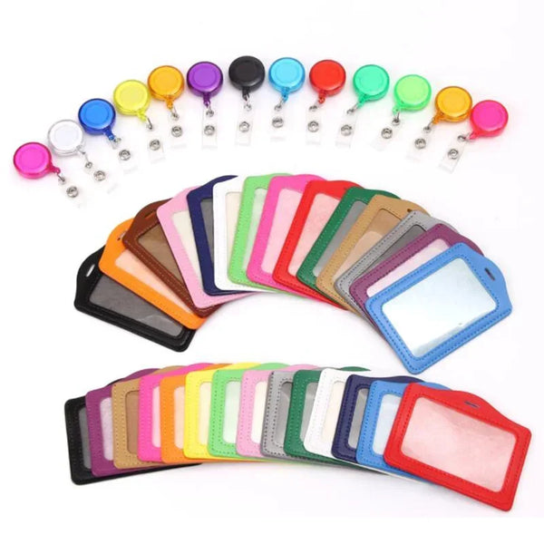 A collection of colorful PU leather retractable ID card holders arranged in a semi-circle.