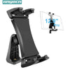 A black 360° rotating tablet stand with an adjustable clip is shown next to its disassembled components.