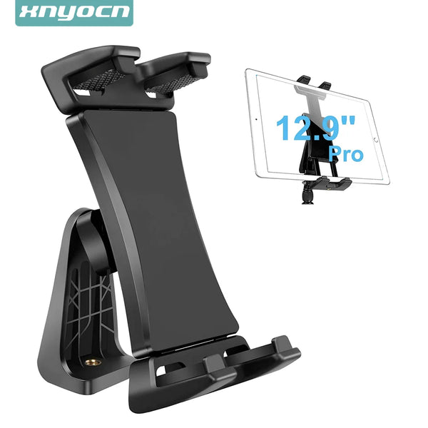 A black 360° rotating tablet stand with an adjustable clip is shown next to its disassembled components.