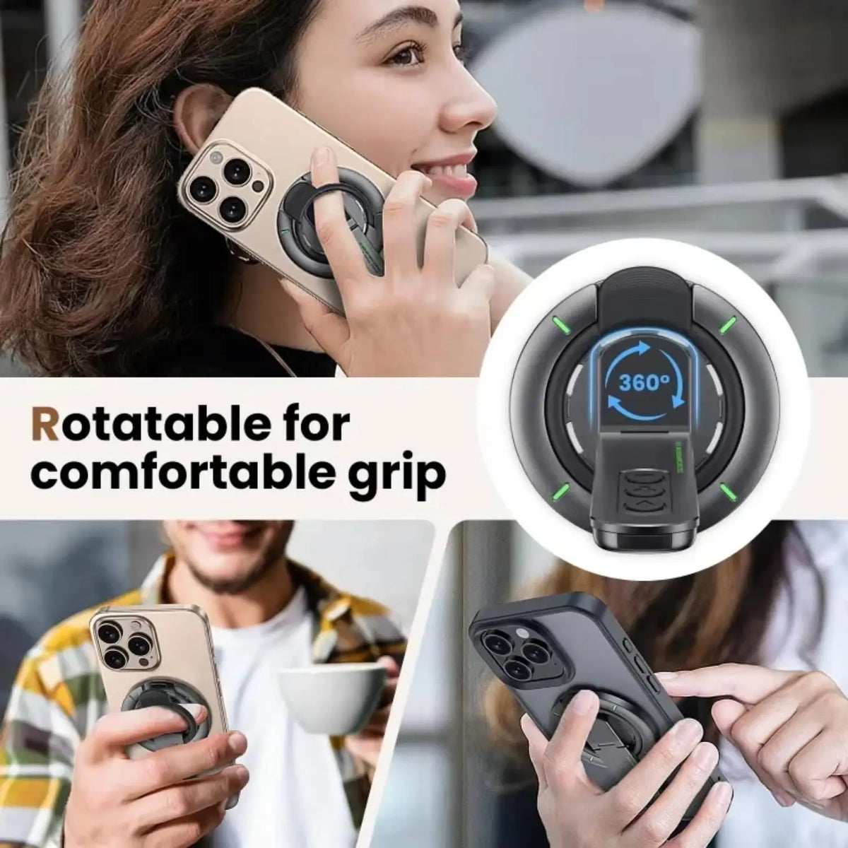 Une femme utilise un support magnétique rotatif pour tenir son smartphone, pour visionner ou photographier.