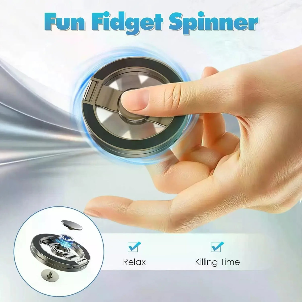 A hand spins a metal fidget spinner, demonstrating its use for relaxation and killing time.
