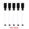 Five black dry erase marker pens with white tips and magnetic erasers