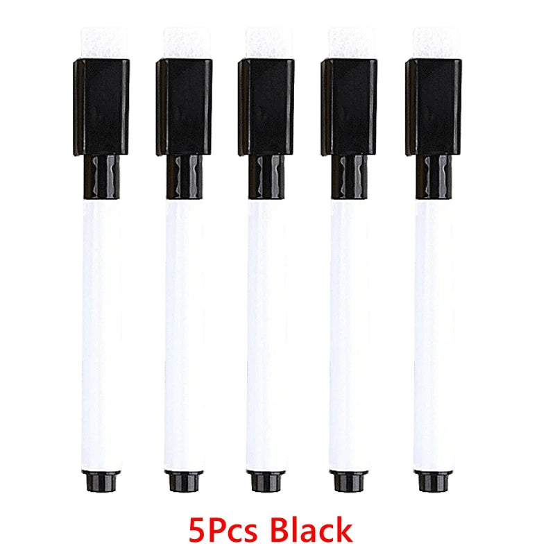 Five black dry erase marker pens with white tips and magnetic erasers