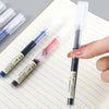 A hand holds a set of precision gel pens in various colors, including blue and red, resting on lined paper.