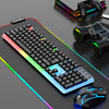 A gaming combo featuring a keyboard, mouse, and controller with colorful RGB backlight on a dark surface.