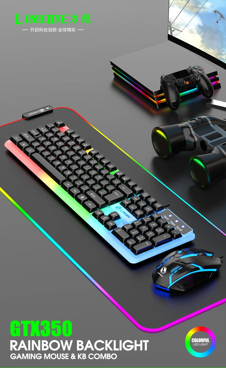 A gaming combo featuring a keyboard, mouse, and controller with colorful RGB backlight on a dark surface.
