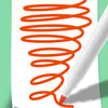 An orange spiral drawing is visible on a white background next to a white pen.