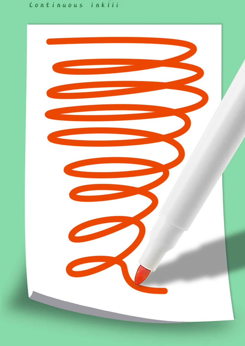 An orange spiral drawing is visible on a white background next to a white pen.