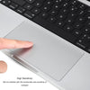 A close-up view of a silver laptop trackpad and keyboard, showing a finger touching the surface.