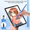 A hand holds a blue stylus writing on a tablet displaying a girl, with close-ups of the rubber head size.