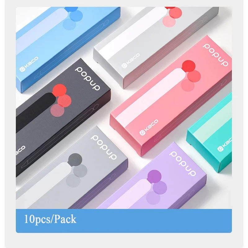 A pack of ten colorful pop-up pens in various shades of blue, pink, and purple displayed on a white background.