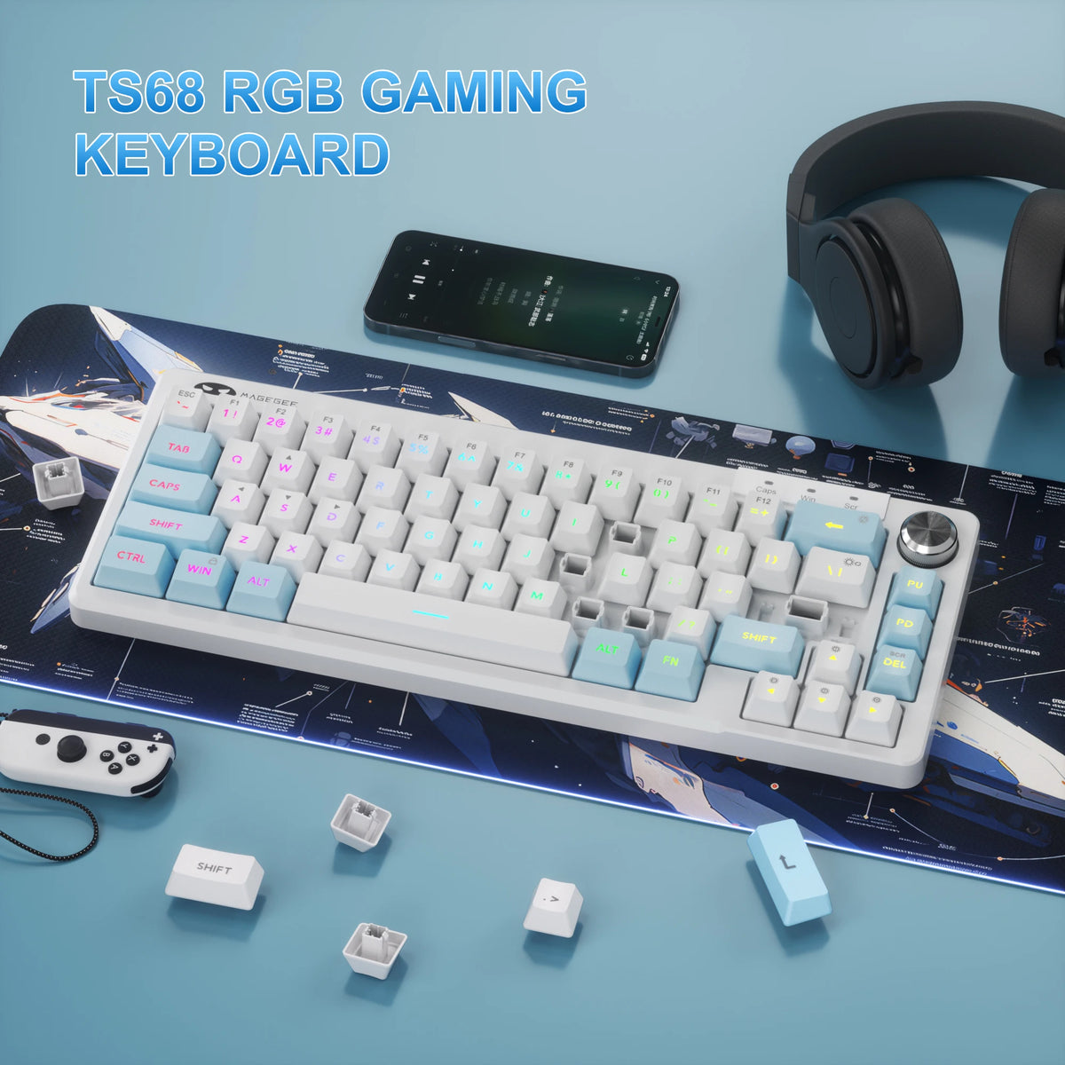 A white TS68 RGB gaming keyboard is displayed on a blue surface with a smartphone and headphones nearby.