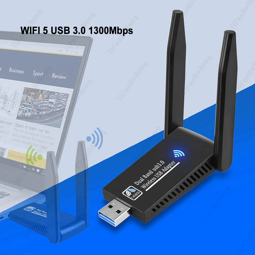 A black dual-band USB Wi-Fi adapter is shown next to a laptop, demonstrating its use for high-speed internet connection.